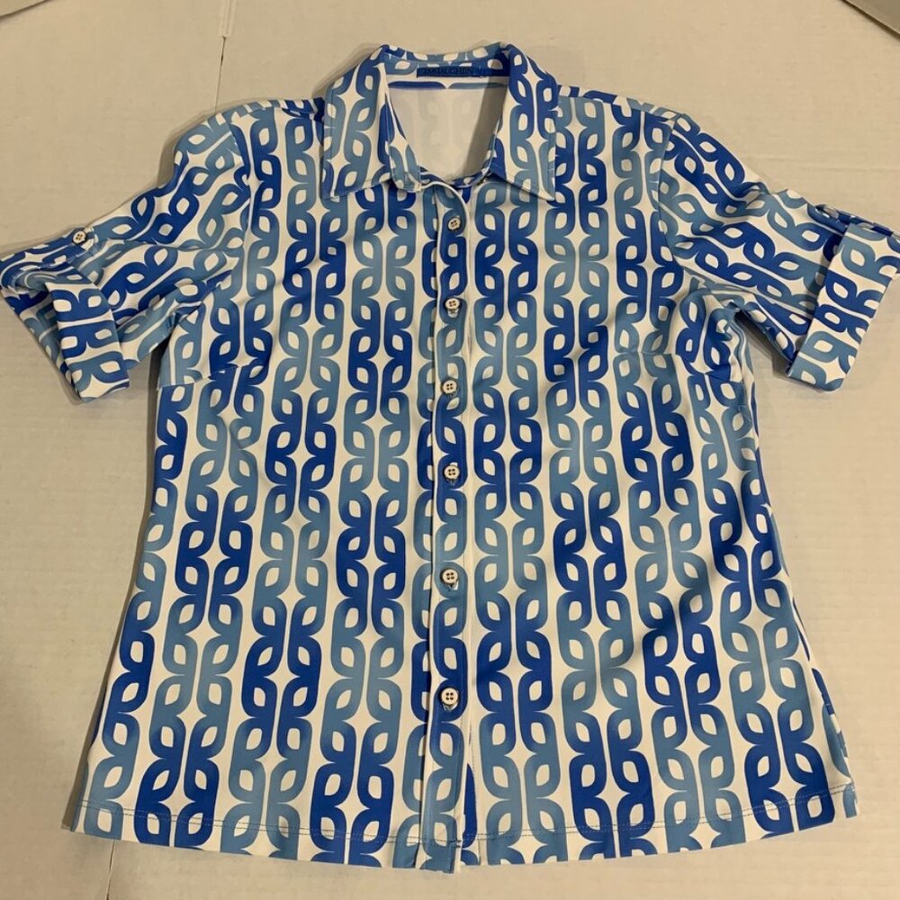 NWOT JM McLaughlin Womens Small Blue and White Short Sleeve Button Down Blouse